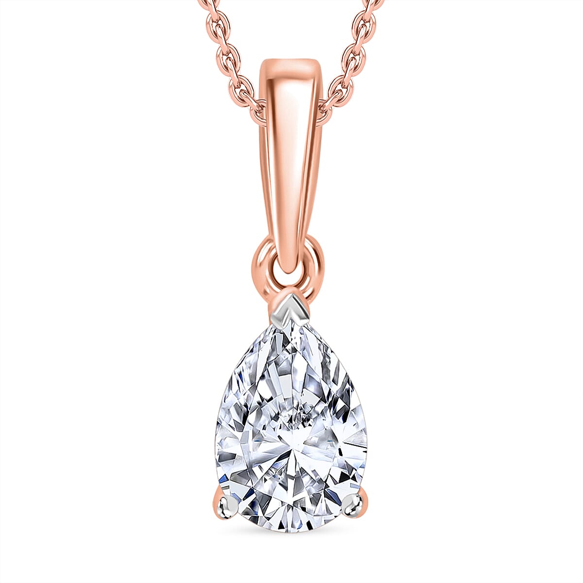Luxuriant Diamond Pear Cut Lab Grown Diamond Pendant with Chain (Size 18-20) in Vermeil Rose Gold Plated Sterling Silver