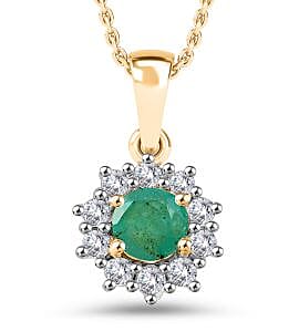 AAA Gemfield Emerald & White Zircon Pendant with Chain (Size 20) in 18K Vermeil Yellow Gold Plated Sterling Silver