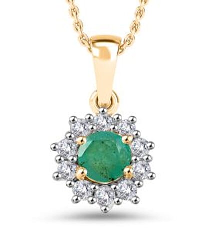 AAA Gemfield Emerald & White Zircon Pendant with Chain (Size 20) in 18K Vermeil Yellow Gold Plated Sterling Silver