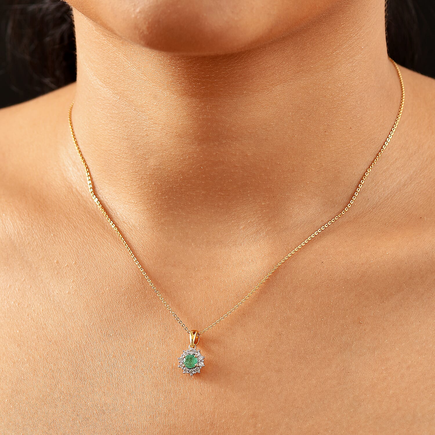 AAA Gemfield Emerald & White Zircon Pendant with Chain (Size 20) in 18K Vermeil Yellow Gold Plated Sterling Silver