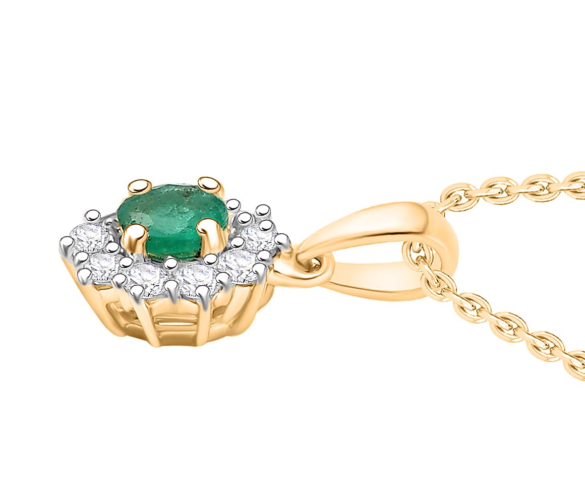 AAA Gemfield Emerald & White Zircon Pendant with Chain (Size 20) in 18K Vermeil Yellow Gold Plated Sterling Silver