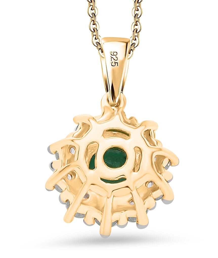 AAA Gemfield Emerald & White Zircon Pendant with Chain (Size 20) in 18K Vermeil Yellow Gold Plated Sterling Silver