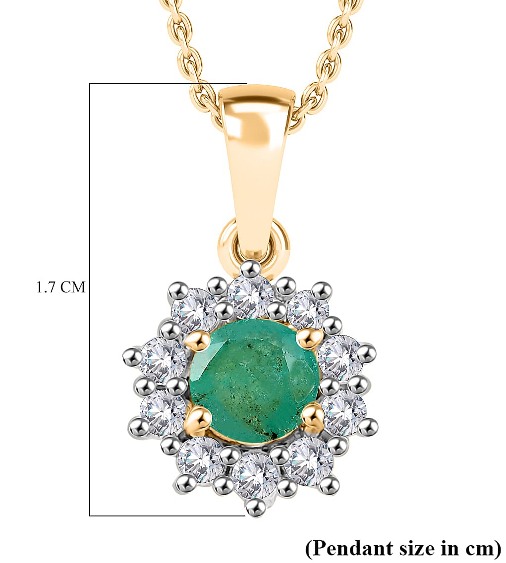 AAA Gemfield Emerald & White Zircon Pendant with Chain (Size 20) in 18K Vermeil Yellow Gold Plated Sterling Silver