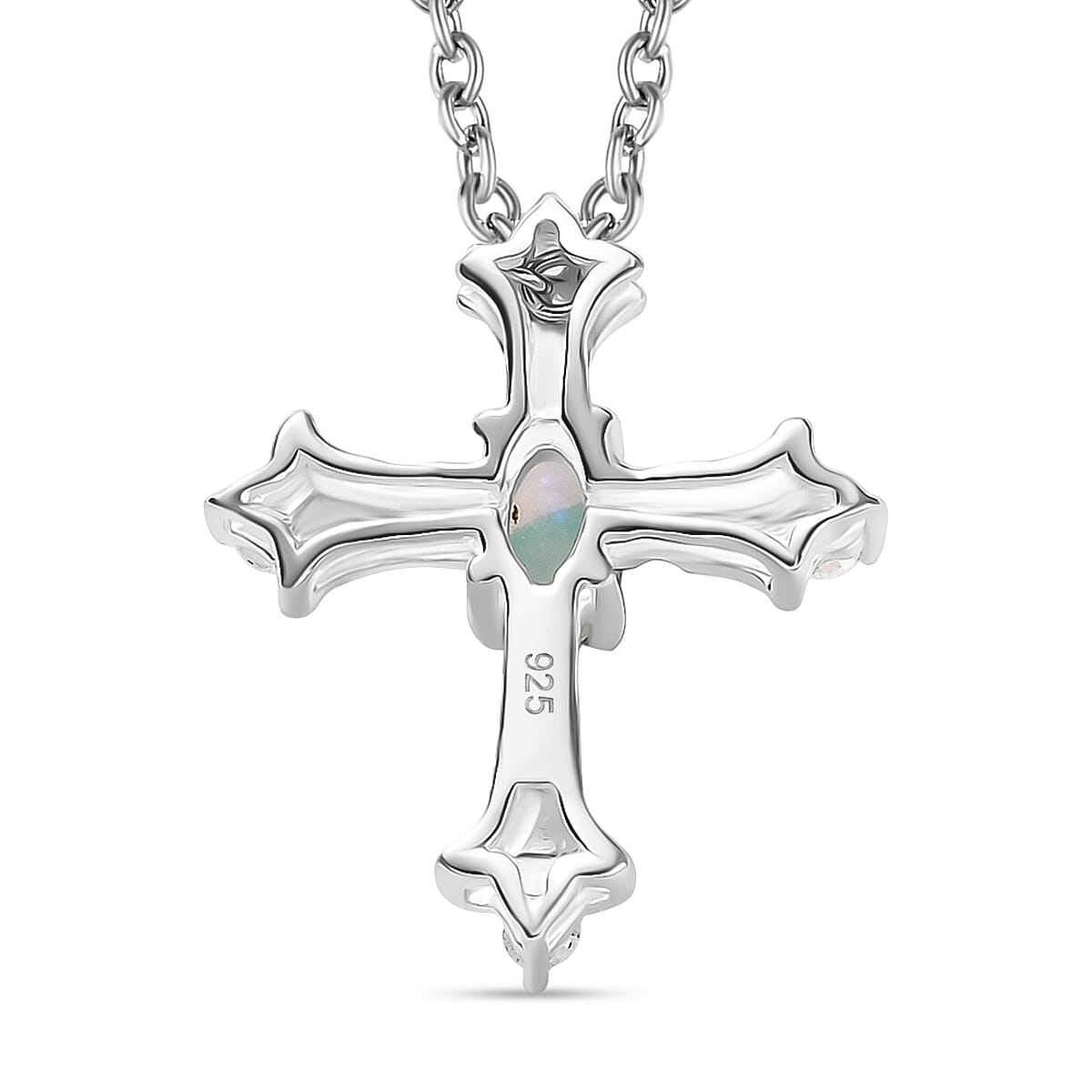 Ethiopian Opal & White Zircon Cross Pendant with Chain (Size 20) in Sterling Silver Ethiopian Opal & White Zircon Cross Pendant with Chain (Size 20) in Sterling Silver