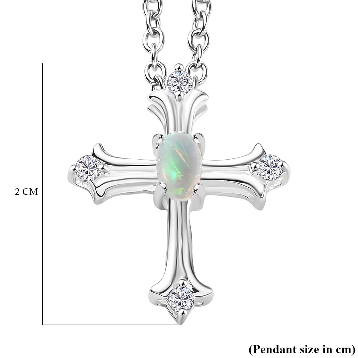 Ethiopian Opal & White Zircon Cross Pendant with Chain (Size 20) in Sterling Silver Ethiopian Opal & White Zircon Cross Pendant with Chain (Size 20) in Sterling Silver