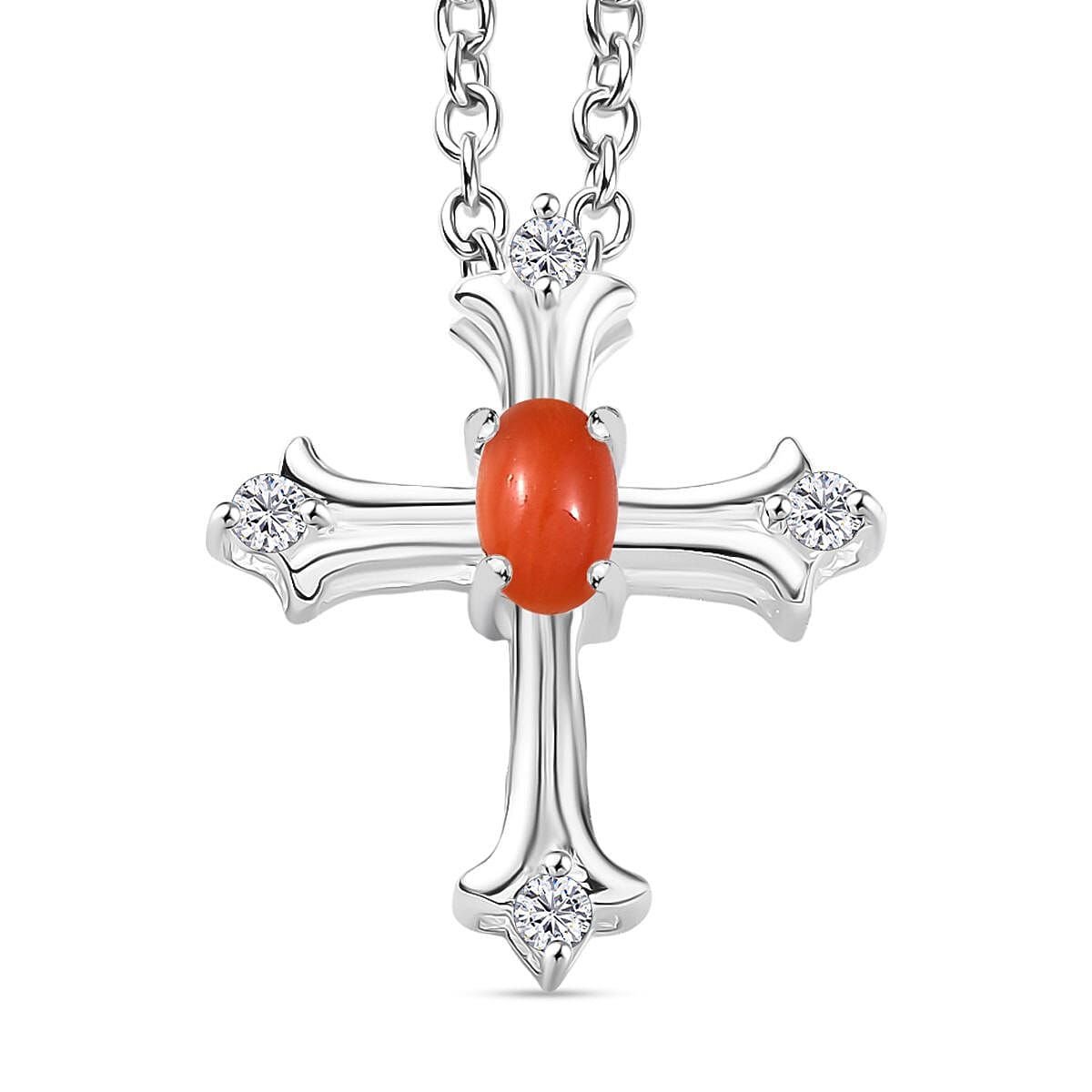Coral & White Zircon Cross Pendant with Chain (Size 20)