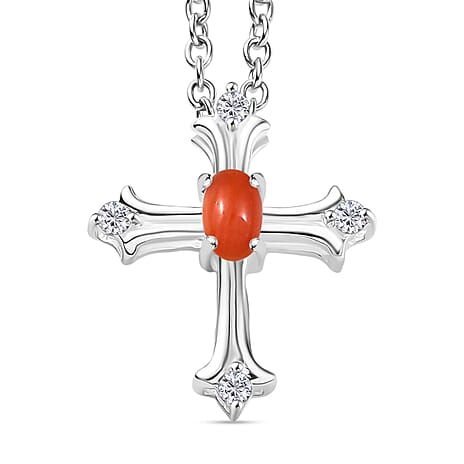 Coral & White Zircon Cross Pendant with Chain (Size 20)