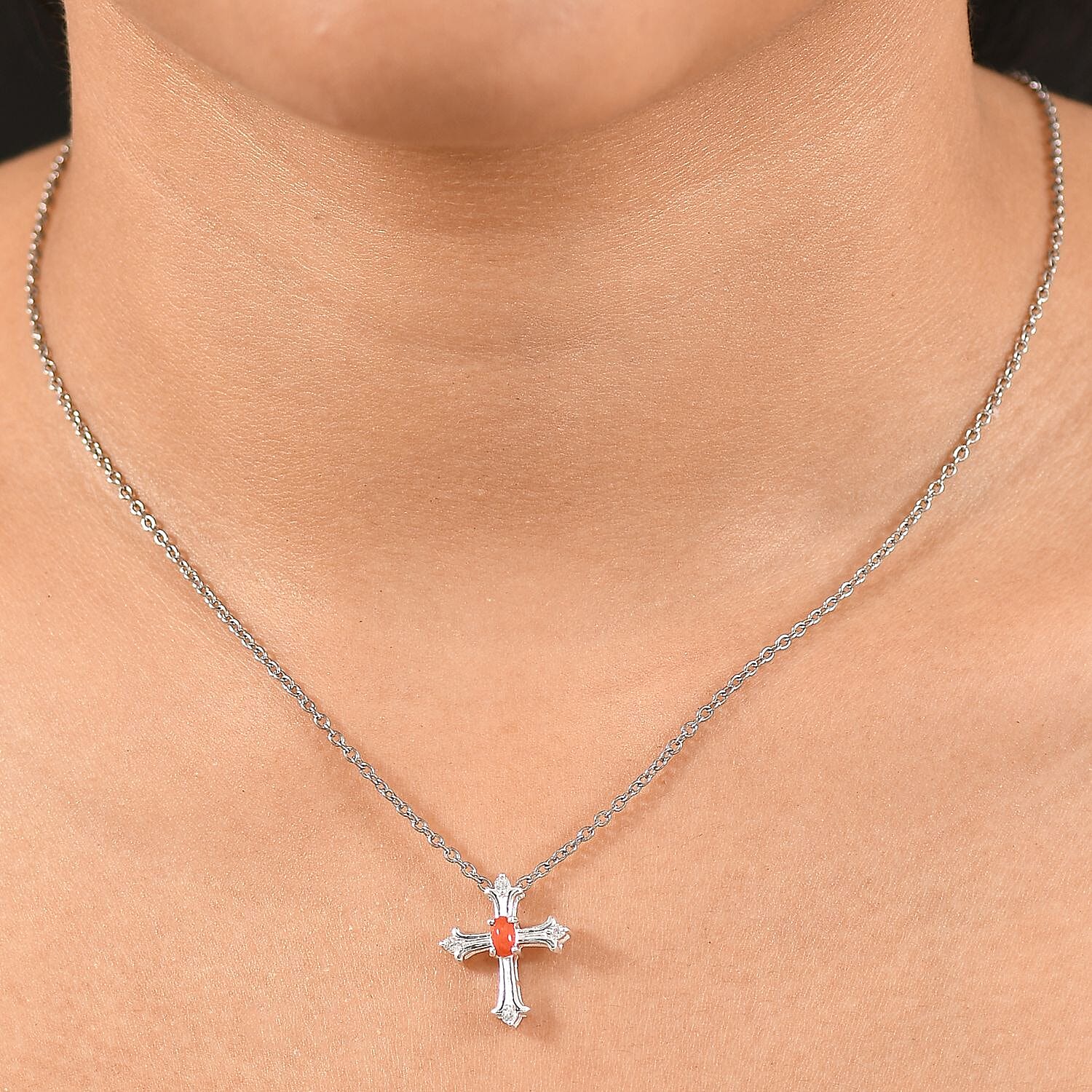 Coral & White Zircon Cross Pendant with Chain (Size 20)