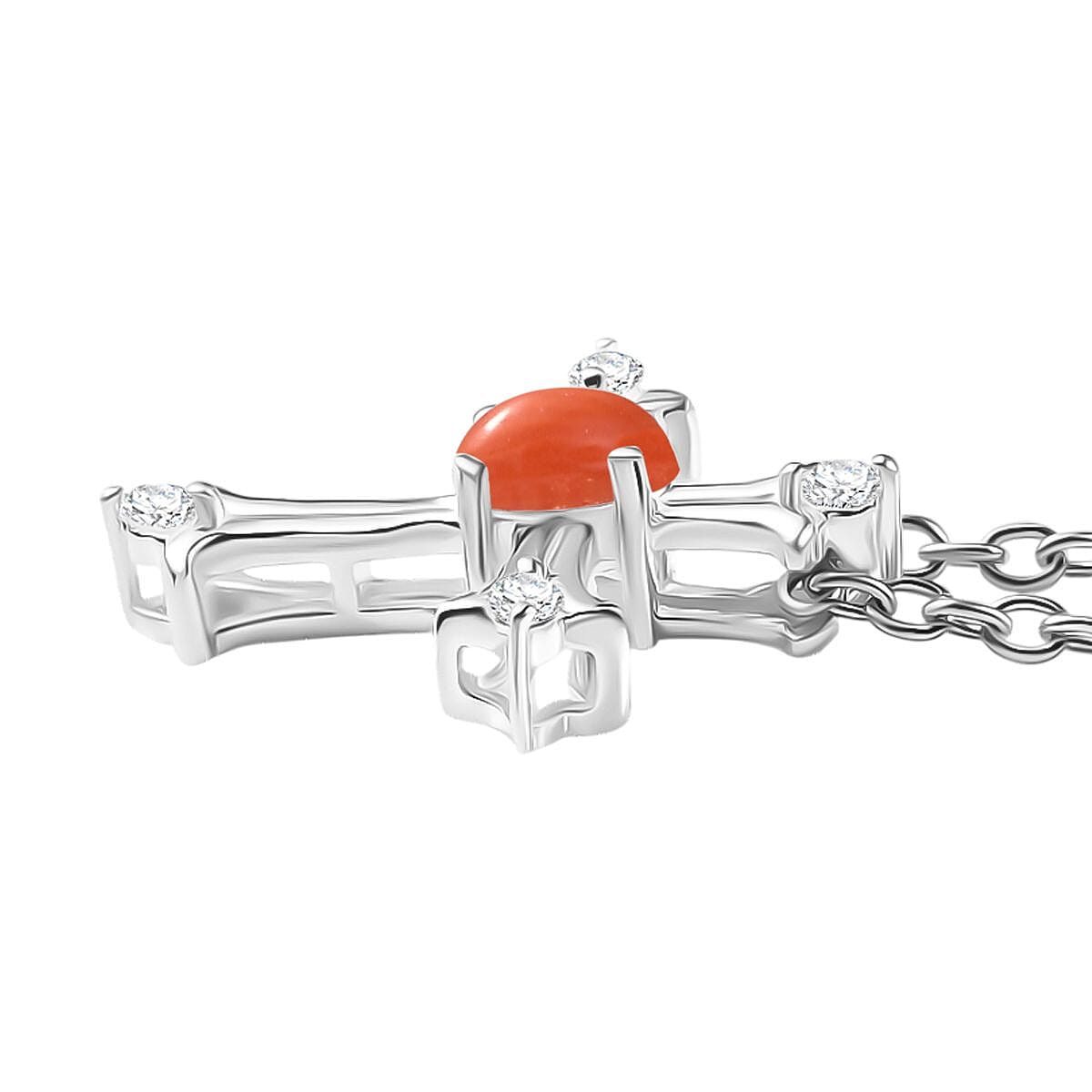 Coral & White Zircon Cross Pendant with Chain (Size 20)