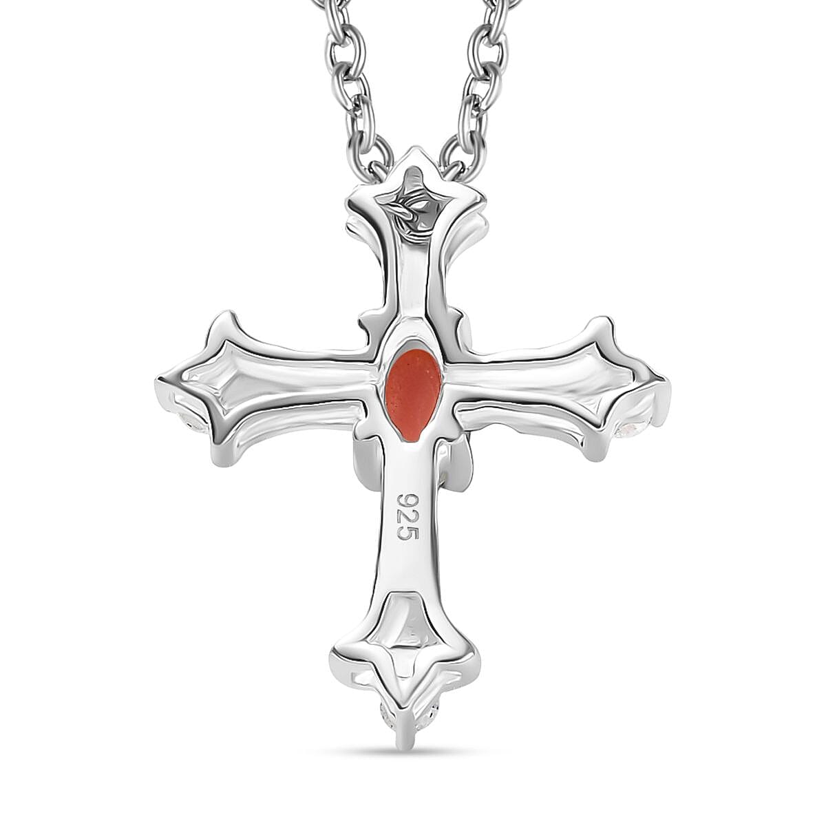 Coral & White Zircon Cross Pendant with Chain (Size 20)