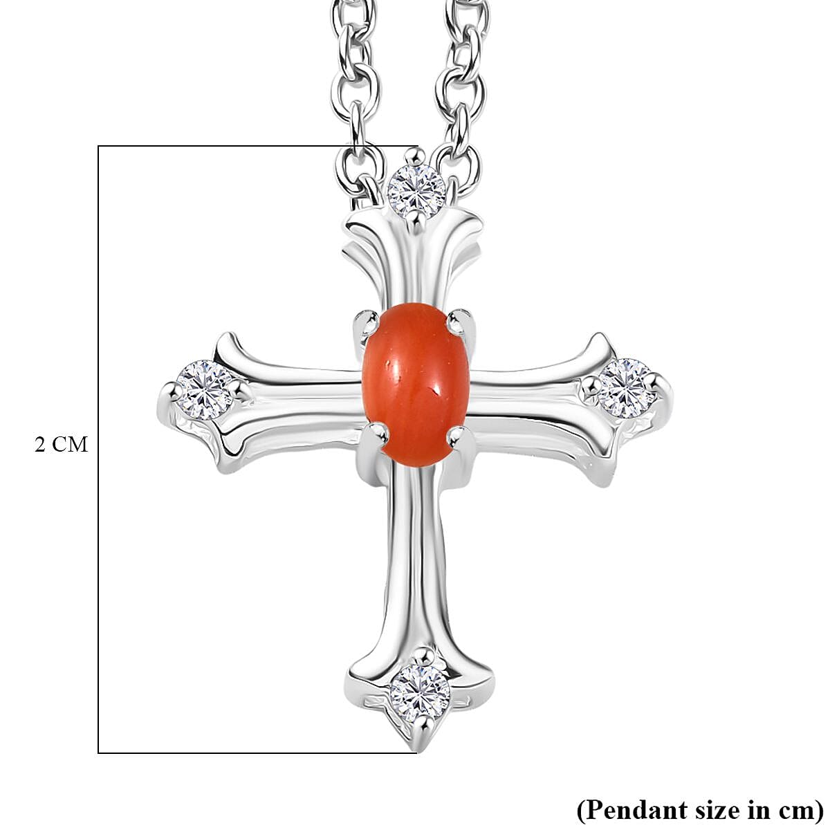 Coral & White Zircon Cross Pendant with Chain (Size 20)