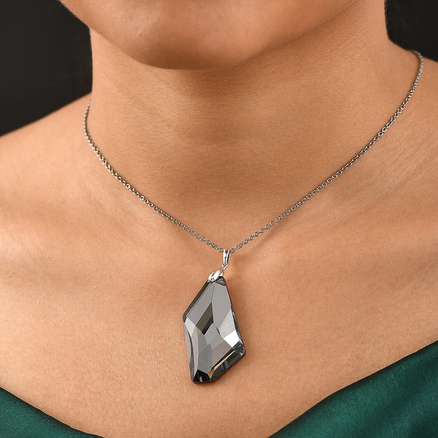Silver Night Swarovski Crystal Pendant with Chain (Size 20) in Platinum Overlay Sterling Silver 43.87 Ct.
