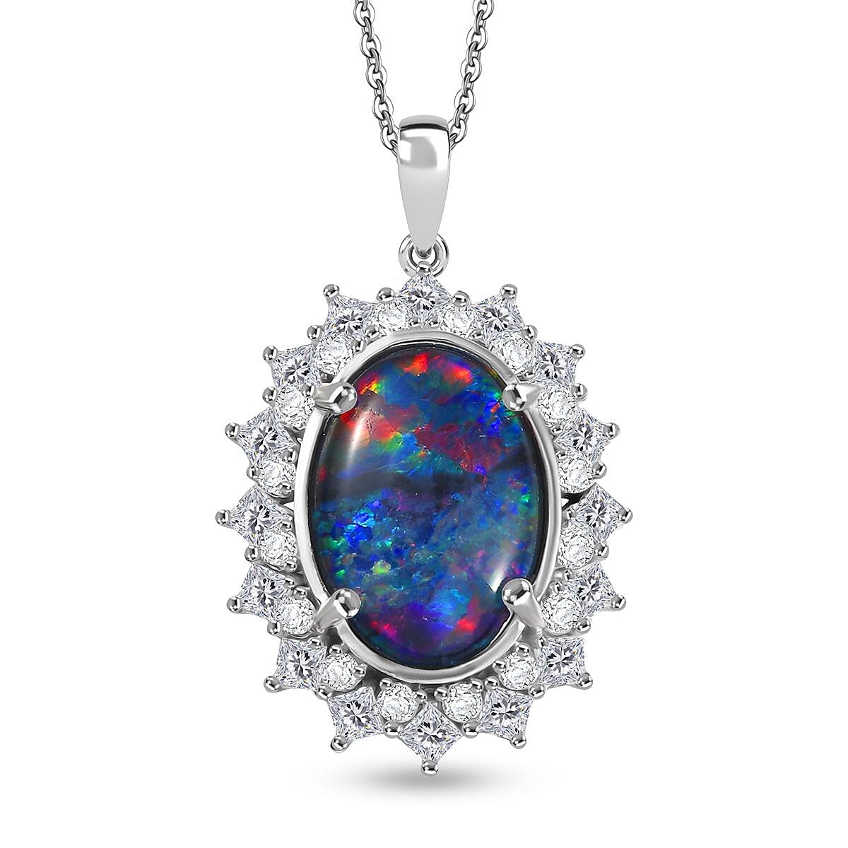 AAA Rare Size Boulder Opal (14X10 mm) and Moissanite Halo Pendant with Chain (Size - 20) in Rhodium Overlay Sterling Silver 4.42 Ct.