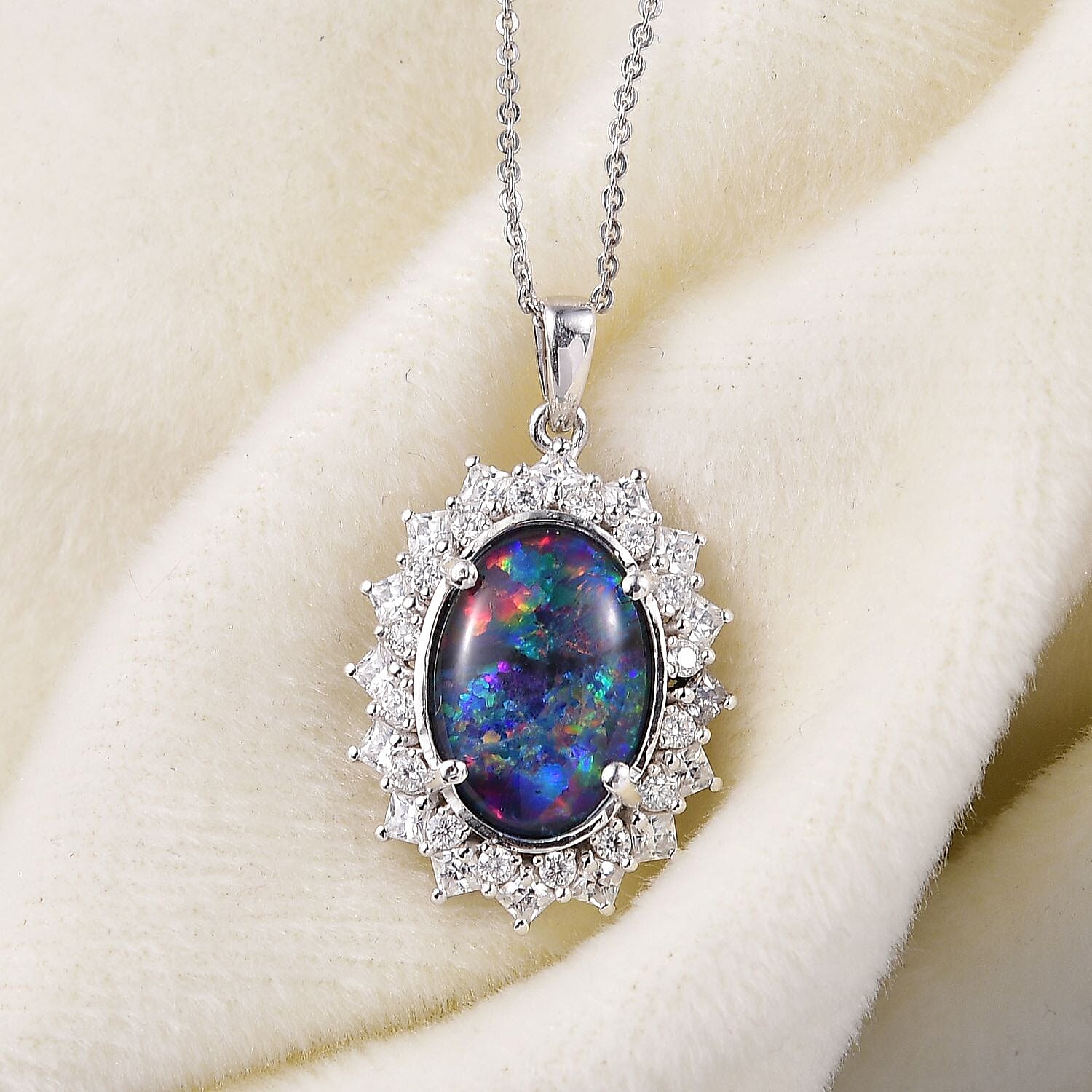 AAA Rare Size Boulder Opal (14X10 mm) and Moissanite Halo Pendant with Chain (Size - 20) in Rhodium Overlay Sterling Silver 4.42 Ct.