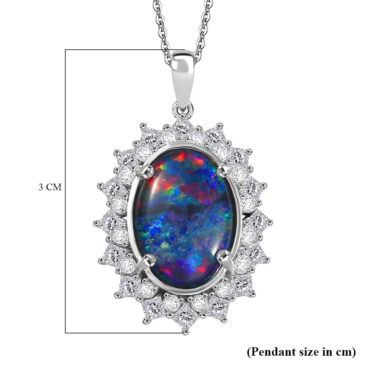AAA Rare Size Boulder Opal (14X10 mm) and Moissanite Halo Pendant with Chain (Size - 20) in Rhodium Overlay Sterling Silver 4.42 Ct.