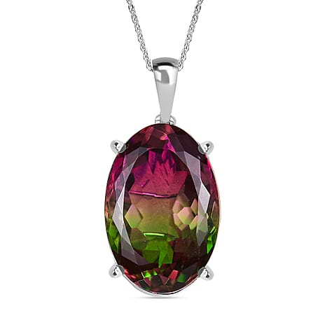 Watermelon Quartz Triplet Solitaire Pendant with Chain (Size 20) in Rhodium Overlay Sterling Silver 54.95 Ct, Silver Wt. 7.94 Gms.