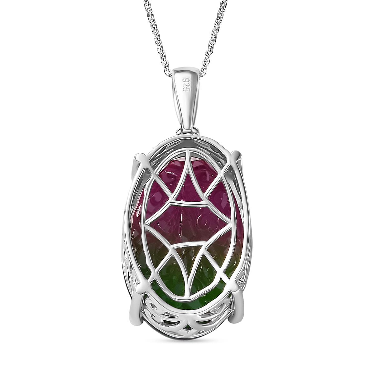 Watermelon Quartz Triplet Solitaire Pendant with Chain (Size 20) in Rhodium Overlay Sterling Silver 54.95 Ct, Silver Wt. 7.94 Gms. Watermelon Quartz Triplet Solitaire Pendant with Chain (Size 20) in Rhodium Overlay Sterling Silver 54.95 Ct, Silver Wt. 7.94 Gms.