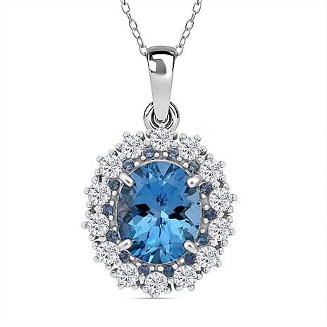 Swiss Blue Topaz, White Zircon & Blue Sapphire Pendant with Chain (Size 20) in Rhodium Overlay Sterling Silver 6.30 Ct.