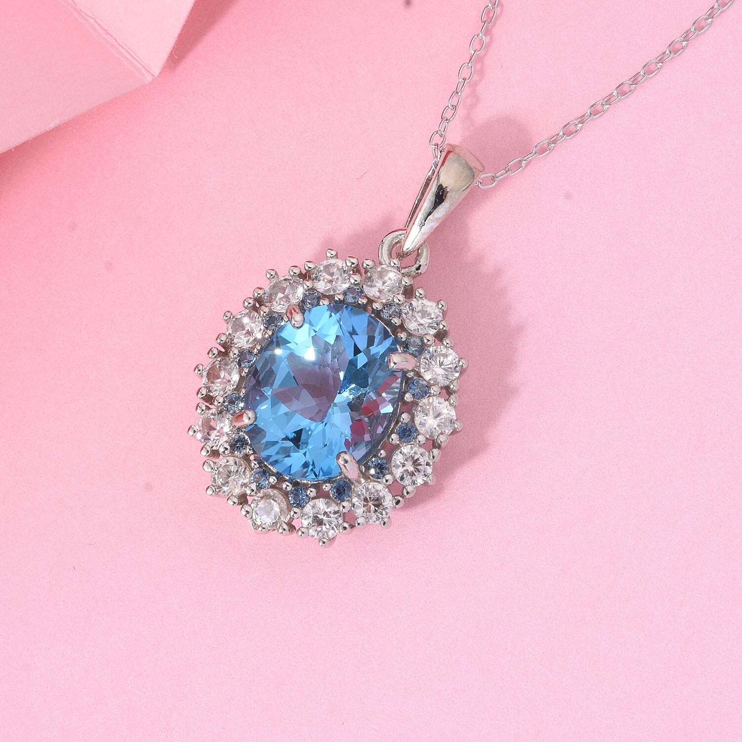 D'Joy Swiss Blue Topaz, White Zircon & Blue Sapphire Pendant with Chain (Size 20) in Rhodium Overlay Sterling Silver 6.30 Ct.