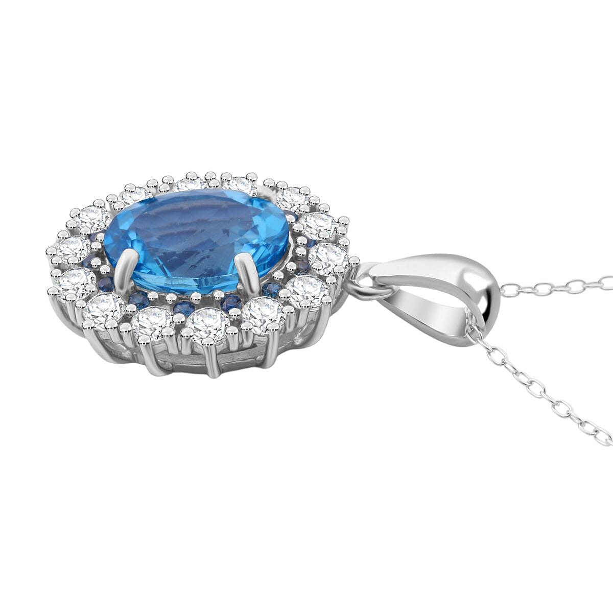 D'Joy Swiss Blue Topaz, White Zircon & Blue Sapphire Pendant with Chain (Size 20) in Rhodium Overlay Sterling Silver 6.30 Ct.