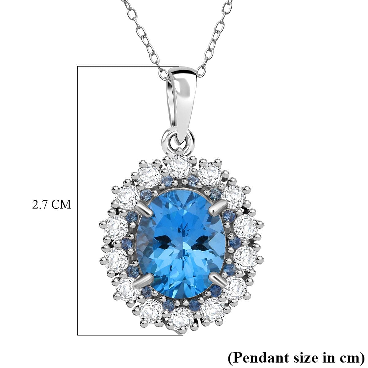 D'Joy Swiss Blue Topaz, White Zircon & Blue Sapphire Pendant with Chain (Size 20) in Rhodium Overlay Sterling Silver 6.30 Ct.