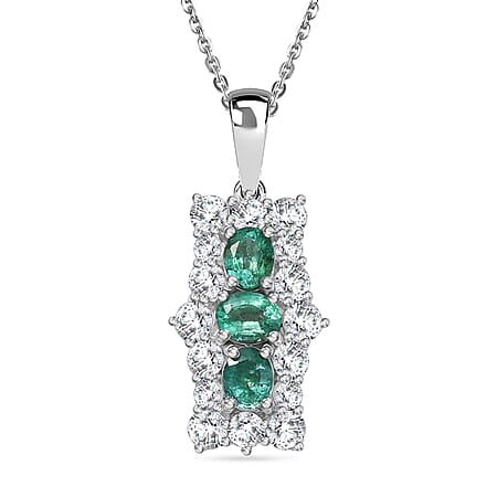 AAA Gemfields Emerald & Moissanite Pendant with Chain (Size 20) in Rhodium Overlay Sterling Silver 2.27 Ct.