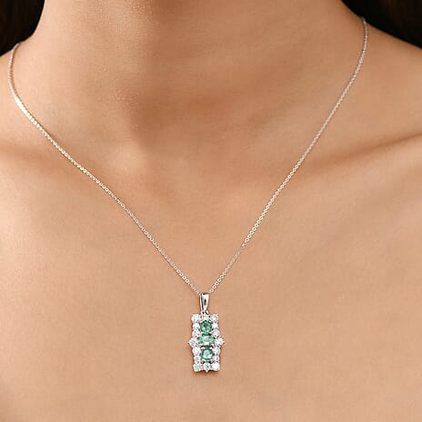 AAA Gemfields Emerald & Moissanite Pendant with Chain (Size 20) in Rhodium Overlay Sterling Silver 2.27 Ct.