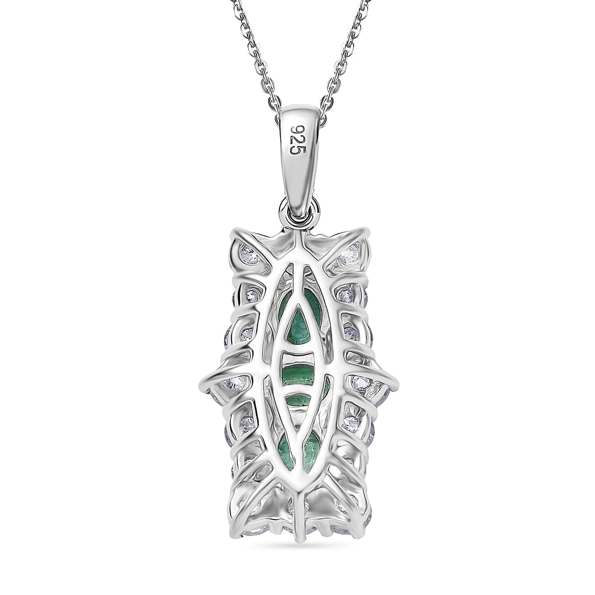 AAA Gemfields Emerald & Moissanite Pendant with Chain (Size 20) in Rhodium Overlay Sterling Silver 2.27 Ct. AAA Gemfields Emerald & Moissanite Pendant with Chain (Size 20) in Rhodium Overlay Sterling Silver 2.27 Ct.