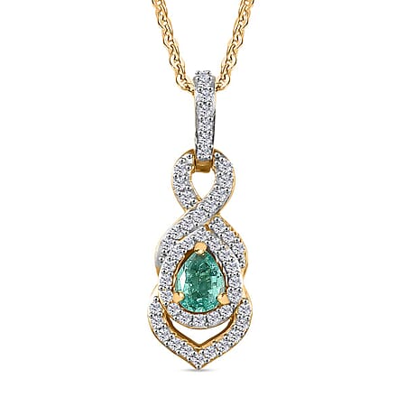 Colombian Emerald & White Zircon Pendant with Chain (Size 20) in 18K Vermeil Yellow Gold Plated Sterling Silver 0.72 Ct.