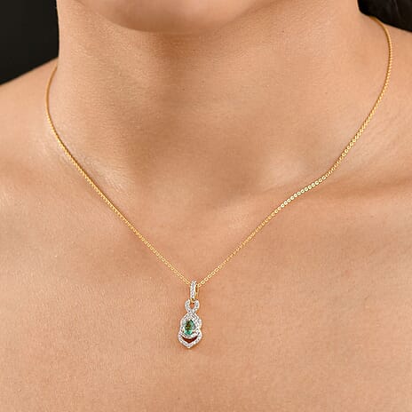 Colombian Emerald & White Zircon Pendant with Chain (Size 20) in 18K Vermeil Yellow Gold Plated Sterling Silver 0.72 Ct.