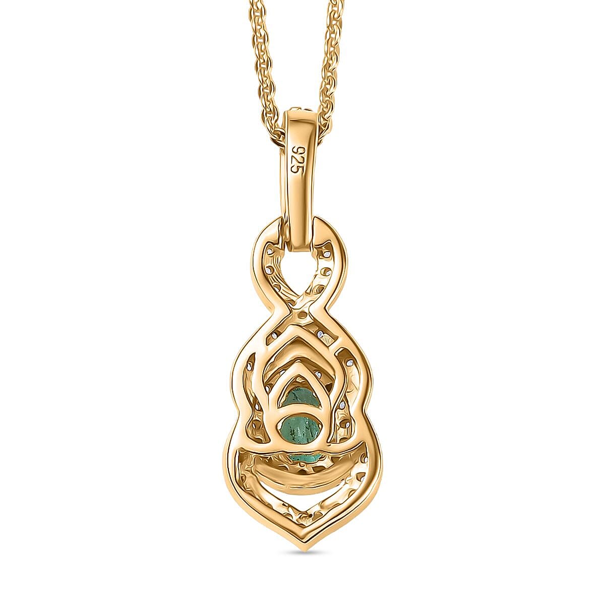 Colombian Emerald & White Zircon Pendant with Chain (Size 20) in 18K Vermeil Yellow Gold Plated Sterling Silver 0.72 Ct. Colombian Emerald & White Zircon Pendant with Chain (Size 20) in 18K Vermeil Yellow Gold Plated Sterling Silver 0.72 Ct.