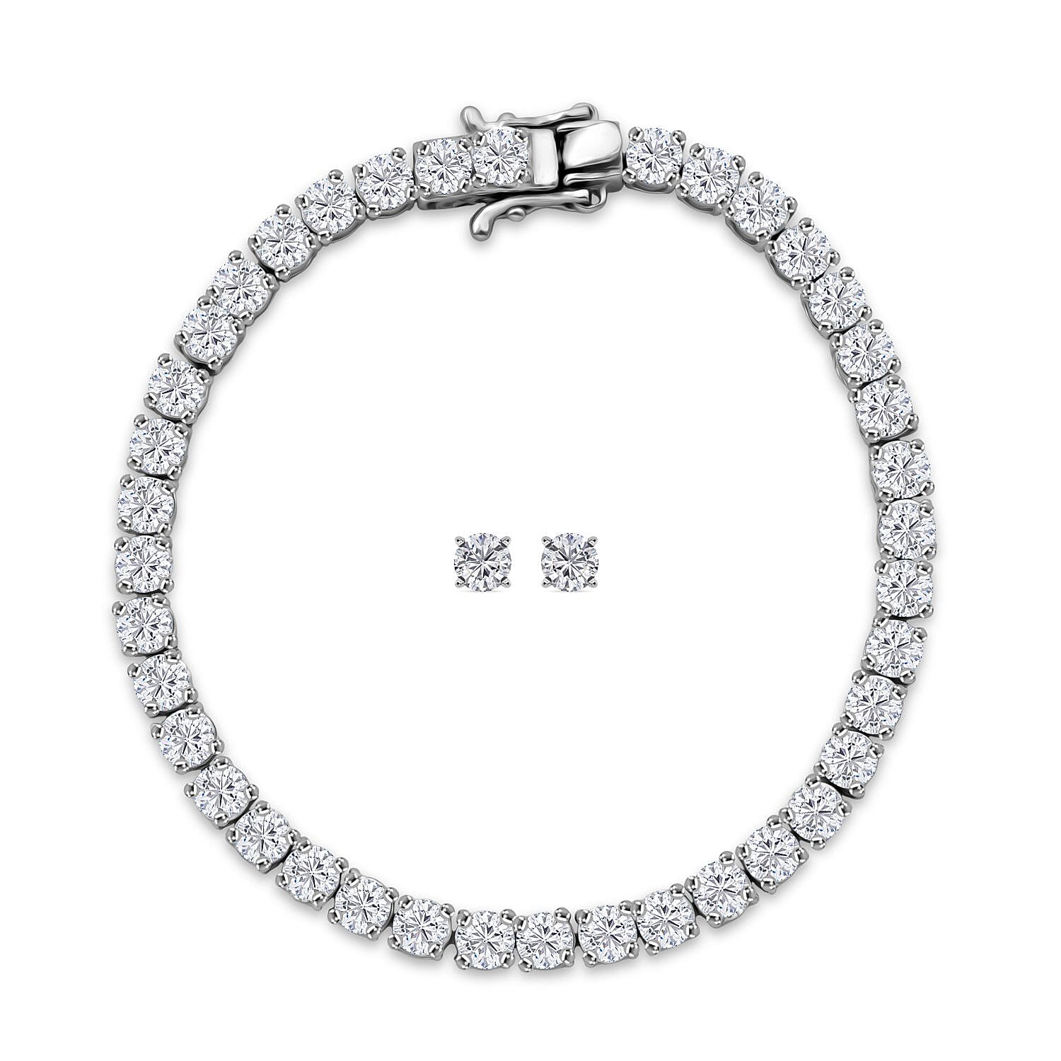 2 Piece Set Moissanite Bracelet & Earrings (Size 7.5) GB Lock Box in Rhodium Overlay Sterling Silver 11.00 Ct, Silver Wt. 8.54 Gms.