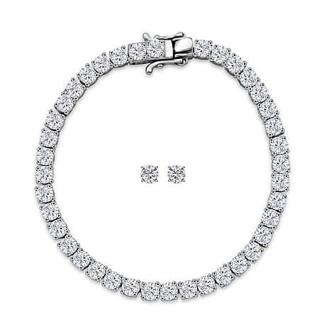 2 Piece Set - Moissanite Bracelet (Size 7.5) & Push Back Earring with GB Lock Box in Rhodium Overlay Sterling Silver 11.00 Ct, Silver Wt. 7.80 Gms.