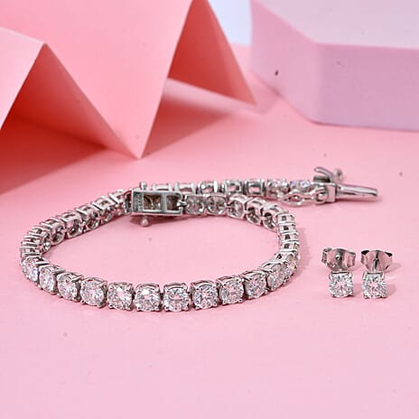 2 Piece Set - Moissanite Bracelet (Size 7.5) & Push Back Earring with GB Lock Box in Rhodium Overlay Sterling Silver 11.00 Ct, Silver Wt. 7.80 Gms.