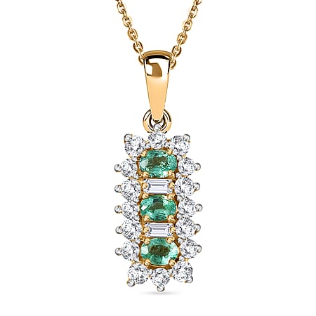 Colombian Emerald & White Zircon Pendant with Chain (Size 20) in 18K Vermeil Yellow Gold Plated Sterling Silver 1.80 Ct.