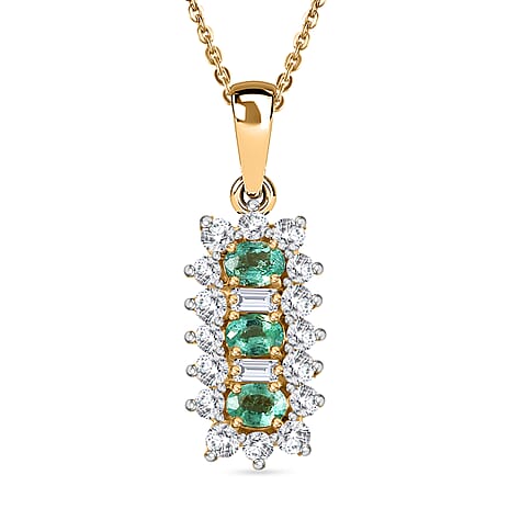 Colombian Emerald & White Zircon Pendant with Chain (Size 20) in 18K Vermeil Yellow Gold Plated Sterling Silver 1.80 Ct.