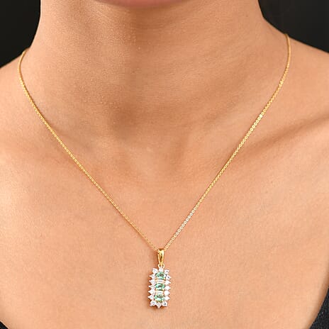 Colombian Emerald & White Zircon Pendant with Chain (Size 20) in 18K Vermeil Yellow Gold Plated Sterling Silver 1.80 Ct.