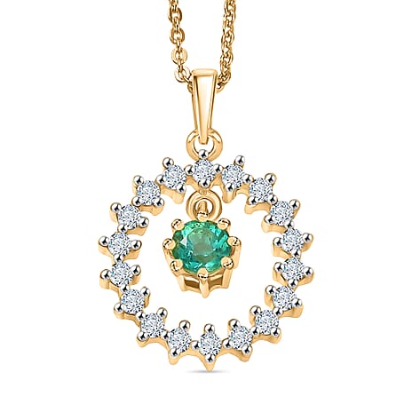 Colombian Emerald & White Zircon Pendant with Chain (Size 20) in 18K Vermeil Yellow Gold Plated Sterling Silver