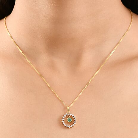 Colombian Emerald & White Zircon Pendant with Chain (Size 20) in 18K Vermeil Yellow Gold Plated Sterling Silver