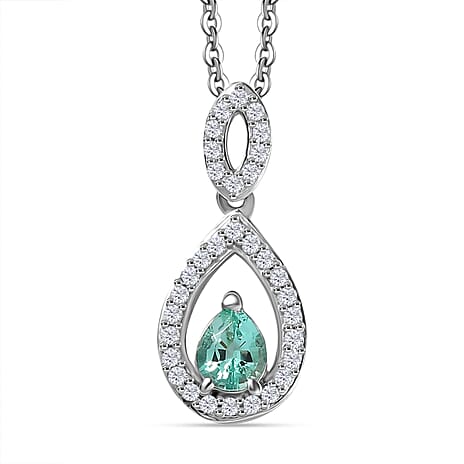 Colombian Emerald & White Zircon Pendant with Chain (Size 20) in Rhodium Overlay Sterling Silver