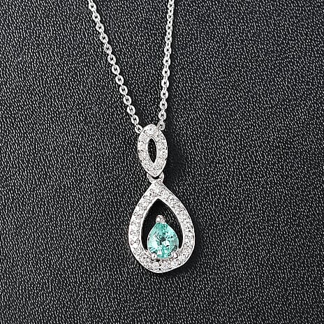 Colombian Emerald & White Zircon Pendant with Chain (Size 20) in Rhodium Overlay Sterling Silver