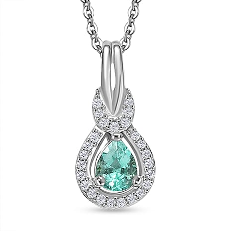 Colombian Emerald & White Zircon Pendant with Chain (Size 20) in Rhodium Overlay Sterling Silver