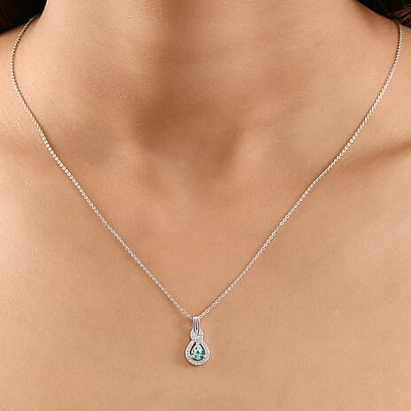 Colombian Emerald & White Zircon Pendant with Chain (Size 20) in Rhodium Overlay Sterling Silver