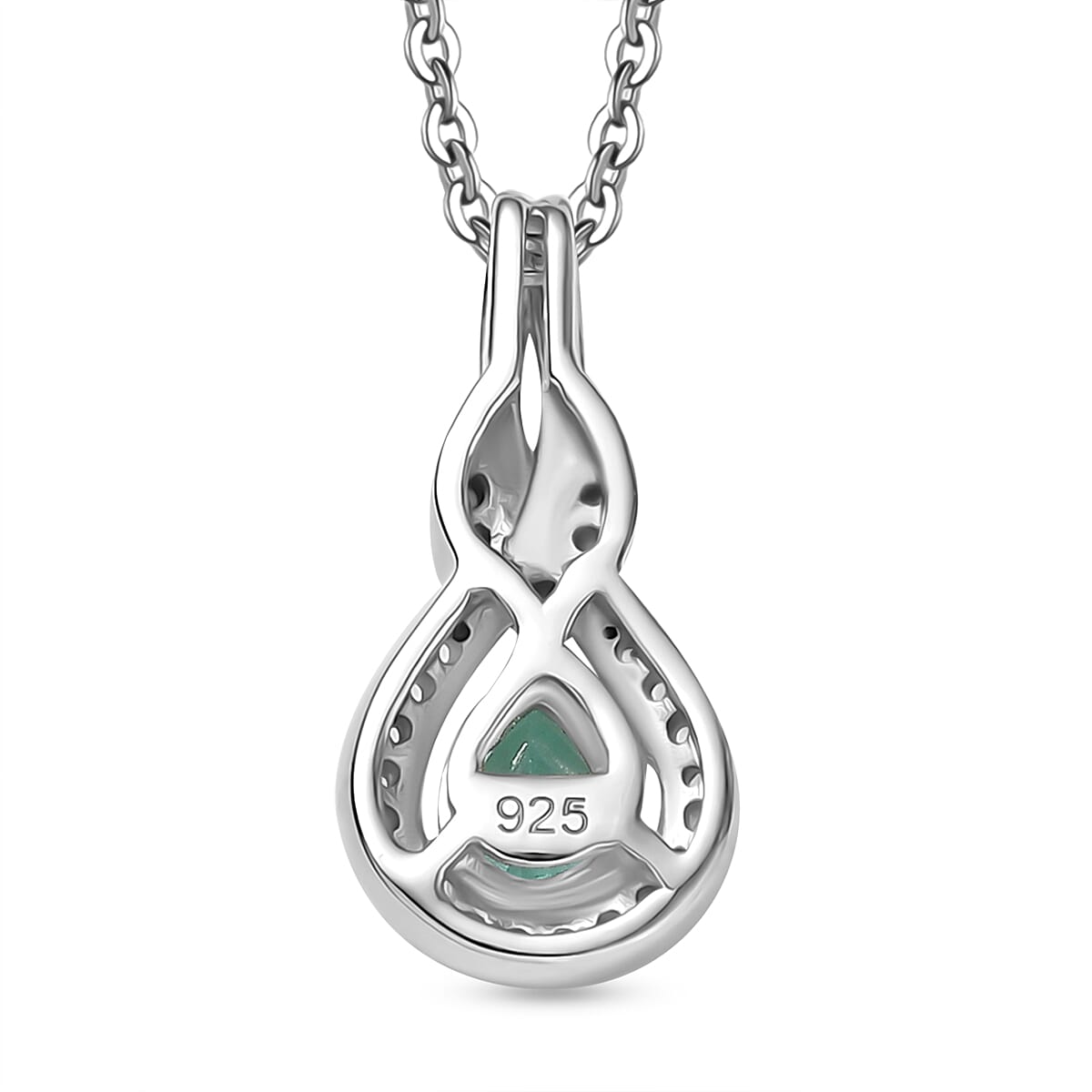 Colombian Emerald & White Zircon Pendant with Chain (Size 20) in Rhodium Overlay Sterling Silver Colombian Emerald & White Zircon Pendant with Chain (Size 20) in Rhodium Overlay Sterling Silver