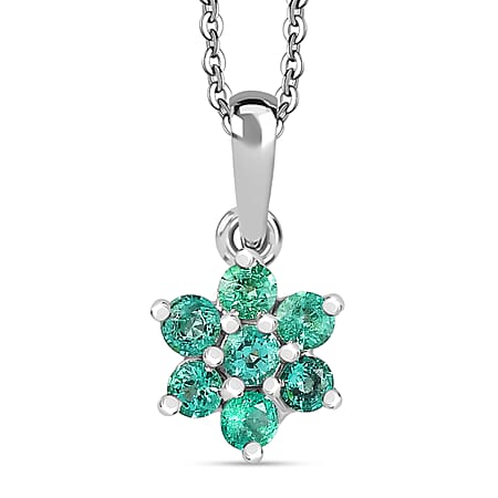 Colombian Emerald Flower Pendant with Chain (Size 20) in Rhodium Overlay Sterling Silver
