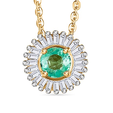 Colombian Emerald & White Diamond Pendant with Chain (Size 20) in 18K Vermeil Yellow Gold Plated Sterling Silver