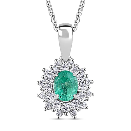 Colombian Emerald and White Zircon Halo Pendant with Chain (Size 20) in Rhodium Overlay Sterling Silver 1.20 Ct.