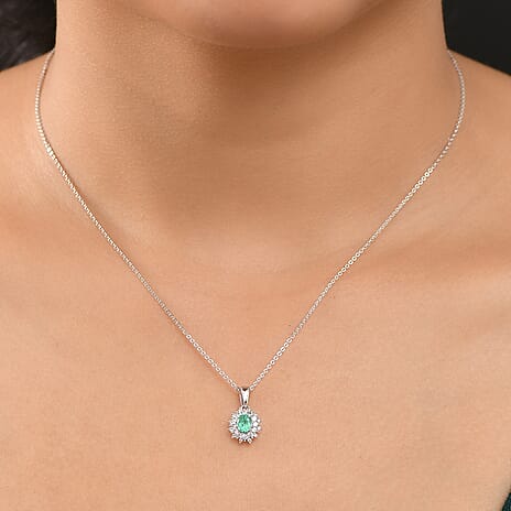 Colombian Emerald & White Zircon Pendant with Chain (Size 20) in Rhodium Overlay Sterling Silver 1.20 Ct.