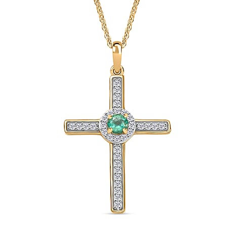 Colombian Emerald & White Zircon Cross Pendant with Chain (Size 20) in 18K Vermeil Yellow Gold Plated Sterling Silver