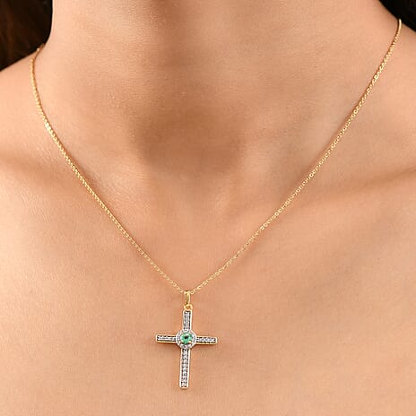 Colombian Emerald & White Zircon Cross Pendant with Chain (Size 20) in 18K Vermeil Yellow Gold Plated Sterling Silver